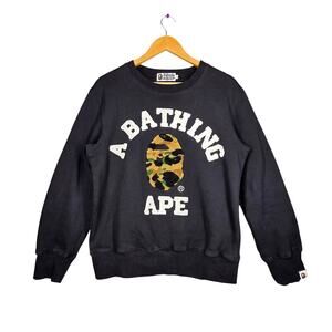 A BATHING APE (BAPE) BLACK COLLEGE CREWNECK 1ST CAMO APE HEAD LOGO – SIZE LARGE
